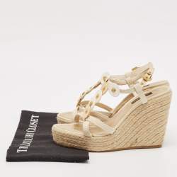 Louis Vuitton Cream Canvas Embellished Wedge Sandals Size 37.5