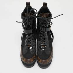 Pre Owned Louis Vuitton Black/Brown Suede And Monogram Leather Laureate Platform Desert Ankle Boots Size 39