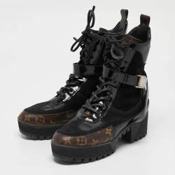 Pre Owned Louis Vuitton Black/Brown Suede And Monogram Leather Laureate Platform Desert Ankle Boots Size 39