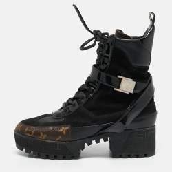 Louis Vuitton Black/Brown Suede And Monogram Leather Laureate Platform Desert Ankle Boots Size 39