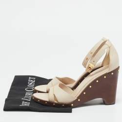 Pre Owned Louis Vuitton Cream Leather Wedge Ankle Strap Sandals Size 37