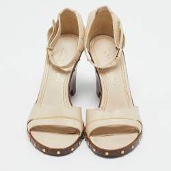 Pre Owned Louis Vuitton Cream Leather Wedge Ankle Strap Sandals Size 37