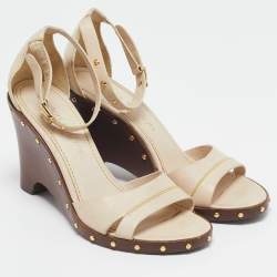Pre Owned Louis Vuitton Cream Leather Wedge Ankle Strap Sandals Size 37