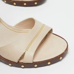 Pre Owned Louis Vuitton Cream Leather Wedge Ankle Strap Sandals Size 37
