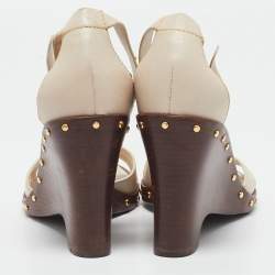 Pre Owned Louis Vuitton Cream Leather Wedge Ankle Strap Sandals Size 37