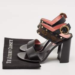 Pre Owned Louis Vuitton Black Leather and Monogram Canvas Studded Ankle Strap Sandals Size 39
