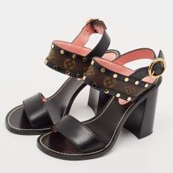 Pre Owned Louis Vuitton Black Leather and Monogram Canvas Studded Ankle Strap Sandals Size 39