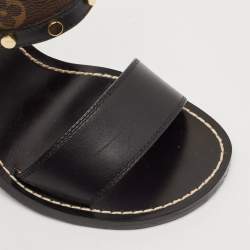 Pre Owned Louis Vuitton Black Leather and Monogram Canvas Studded Ankle Strap Sandals Size 39