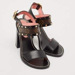Pre Owned Louis Vuitton Black Leather and Monogram Canvas Studded Ankle Strap Sandals Size 39