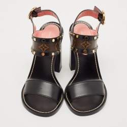 Pre Owned Louis Vuitton Black Leather and Monogram Canvas Studded Ankle Strap Sandals Size 39