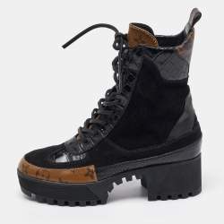 Louis Vuitton Black/Brown Suede and Monogram Canvas Laureate Desert Boots Size 36.5