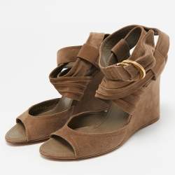Louis Vuitton Brown Suede Criss Cross Ankle Wrap Wedge Sandals Size 37