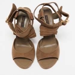Louis Vuitton Brown Suede Criss Cross Ankle Wrap Wedge Sandals Size 37