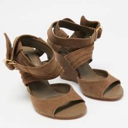 Louis Vuitton Brown Suede Criss Cross Ankle Wrap Wedge Sandals Size 37