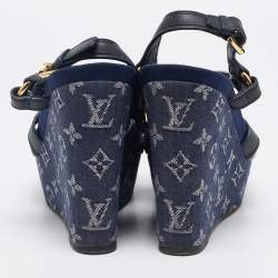 Pre Owned Louis Vuitton Navy Blue Leather and Monogram Denim Ocean Wedge Sandals Size 38.5