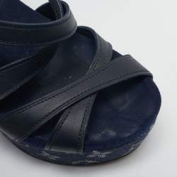 Pre Owned Louis Vuitton Navy Blue Leather and Monogram Denim Ocean Wedge Sandals Size 38.5