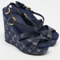 Pre Owned Louis Vuitton Navy Blue Leather and Monogram Denim Ocean Wedge Sandals Size 38.5