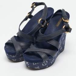 Pre Owned Louis Vuitton Navy Blue Leather and Monogram Denim Ocean Wedge Sandals Size 38.5