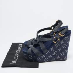 Pre Owned Louis Vuitton Navy Blue Leather and Monogram Denim Ocean Wedge Sandals Size 38.5