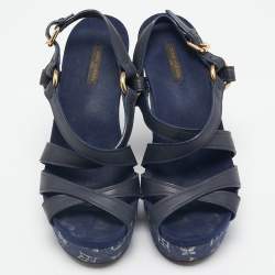 Pre Owned Louis Vuitton Navy Blue Leather and Monogram Denim Ocean Wedge Sandals Size 38.5