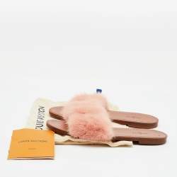 Louis Vuitton Pink Mink Fur Lock It Flat Slide Sandals Size 36
