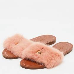 Louis Vuitton Pink Mink Fur Lock It Flat Slide Sandals Size 36