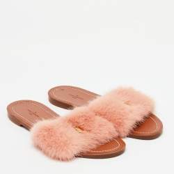 Louis Vuitton Pink Mink Fur Lock It Flat Slide Sandals Size 36