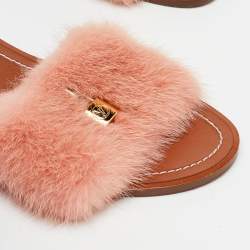 Louis Vuitton Pink Mink Fur Lock It Flat Slide Sandals Size 36