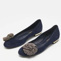 Louis Vuitton Navy Blue Suede Flower Embellished Ballet Flats Size 36.5