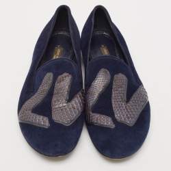 Louis Vuitton Navy Blue Python Leather and Suede LV Logo Smoking Slippers Size 36.5