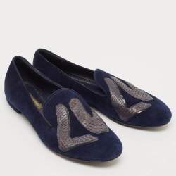 Louis Vuitton Navy Blue Python Leather and Suede LV Logo Smoking Slippers Size 36.5