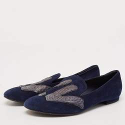 Louis Vuitton Navy Blue Python Leather and Suede LV Logo Smoking Slippers Size 36.5