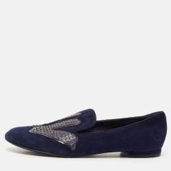 Louis Vuitton Navy Blue Python Leather and Suede LV Logo Smoking Slippers Size 36.5