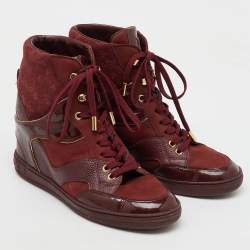 Louis Vuitton Burgundy Monogram Suede and Patent Leather Cliff Top Wedge Sneakers Size 37