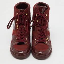 Louis Vuitton Burgundy Monogram Suede and Patent Leather Cliff Top Wedge Sneakers Size 37