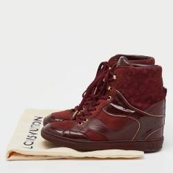 Louis Vuitton Burgundy Monogram Suede and Patent Leather Cliff Top Wedge Sneakers Size 37