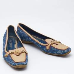 Pre Owned Louis Vuitton Navy Blue Monogram Denim and Leather Cap-Toe Ballet Flats Size 37
