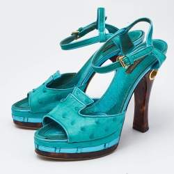 Louis Vuitton Blue Ostrich Leather Ankle Strap Sandals Size 37
