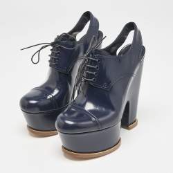 Louis Vuitton Navy Blue Patent Leather Louisiana Slingback Booties Size 40