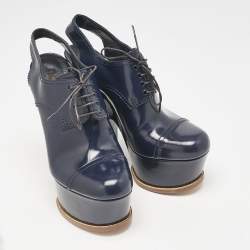 Louis Vuitton Navy Blue Patent Leather Louisiana Slingback Booties Size 40