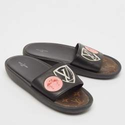 Louis Vuitton Black Leather LV Flamingo Flat Slide Sandals Size 39