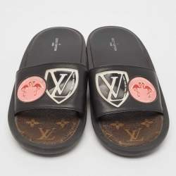 Louis Vuitton Black Leather LV Flamingo Flat Slide Sandals Size 39