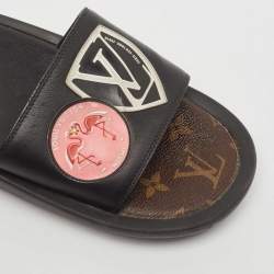 Louis Vuitton Black Leather LV Flamingo Flat Slide Sandals Size 39