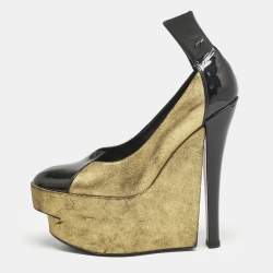 Louis Vuitton Gold/Black Leather and Patent Leather Wedge Pumps Size 38.5