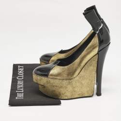 Louis Vuitton Gold/Black Leather and Patent Leather Wedge Pumps Size 38.5