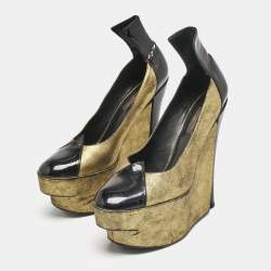 Louis Vuitton Gold/Black Leather and Patent Leather Wedge Pumps Size 38.5