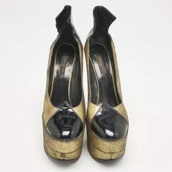 Louis Vuitton Gold/Black Leather and Patent Leather Wedge Pumps Size 38.5