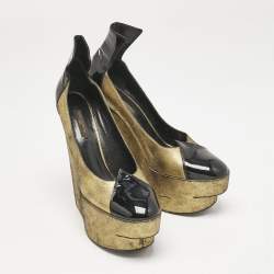 Louis Vuitton Gold/Black Leather and Patent Leather Wedge Pumps Size 38.5