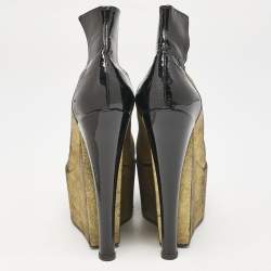 Louis Vuitton Gold/Black Leather and Patent Leather Wedge Pumps Size 38.5