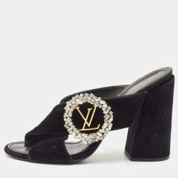 Louis Vuitton Navy Blue Velvet Block Heel Slide Sandals Size 40